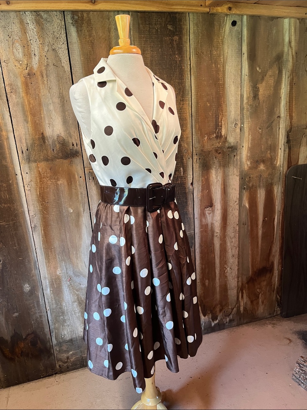 NWT Jessica Howard Dress Size 8 Brown White Polka Dot Belted Midi Retro Vintage